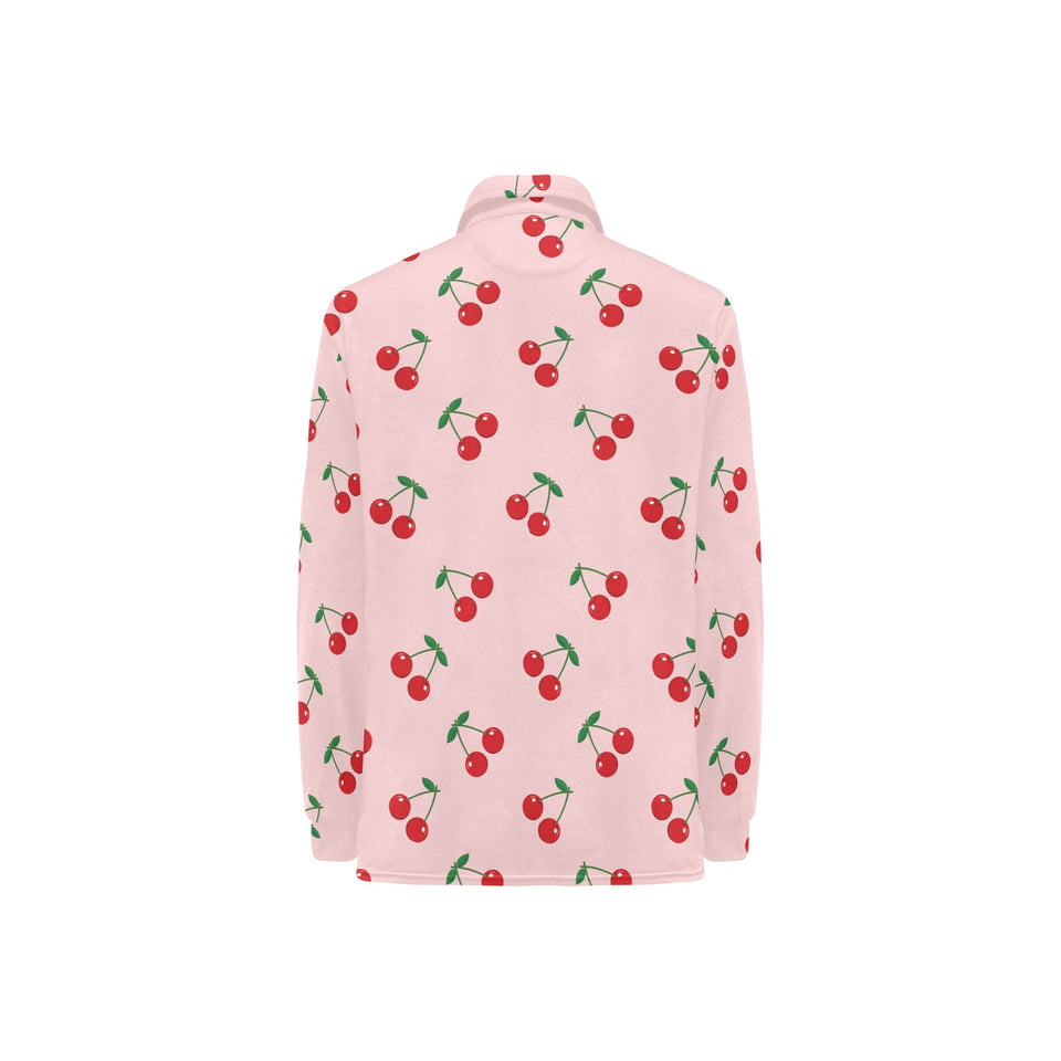cherry pattern pink background Women's Long Sleeve Polo Shirt
