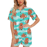 Octopuses sea wave background Women's V-Neck Short Pajama Set