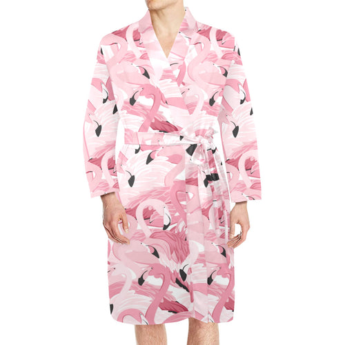 Pink flamingos pattern background Men's Long Sleeve Belted Night Robe