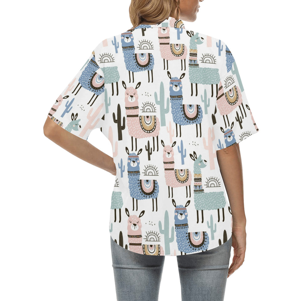 lama Alpaca cactus hand drawn pattern Women's All Over Print Hawaiian Shirt