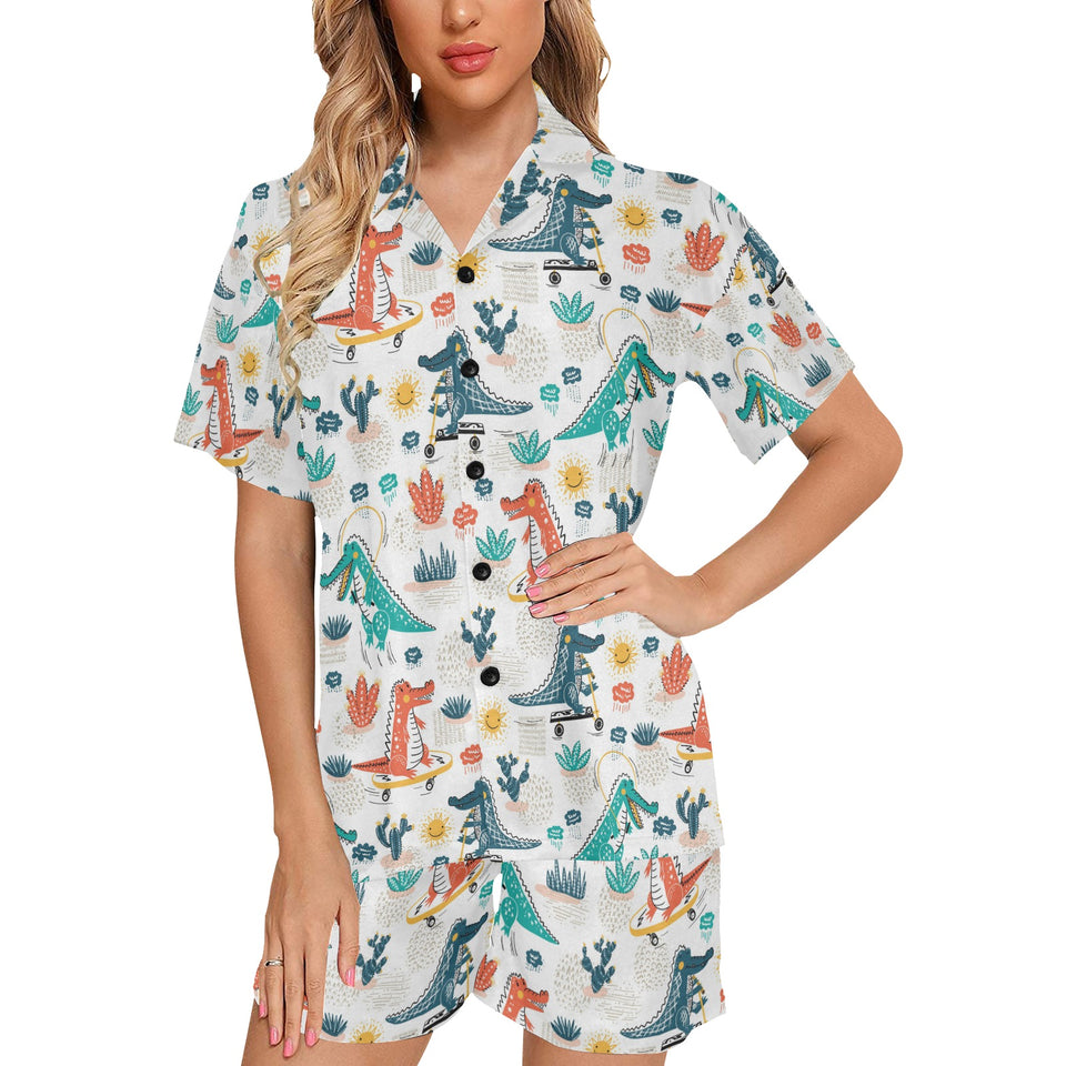 Cute Crocodile Pattern Women's V-Neck Short Pajama Set