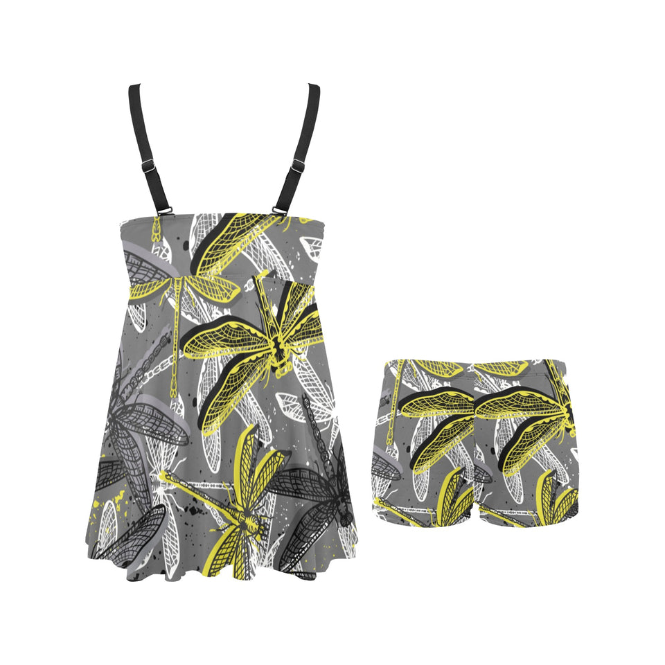 Hand drawn dragonfly pattern Chest Sexy Pleated Two Piece Swim Dress