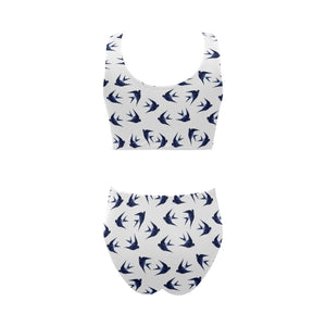 Swallow Pattern Print Design 03 Chest Bowknot High Waisted Bikini Swimsuit
