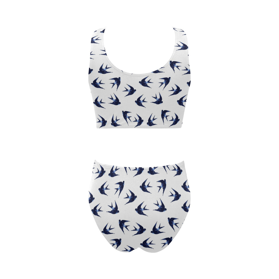 Swallow Pattern Print Design 03 Chest Bowknot High Waisted Bikini Swimsuit