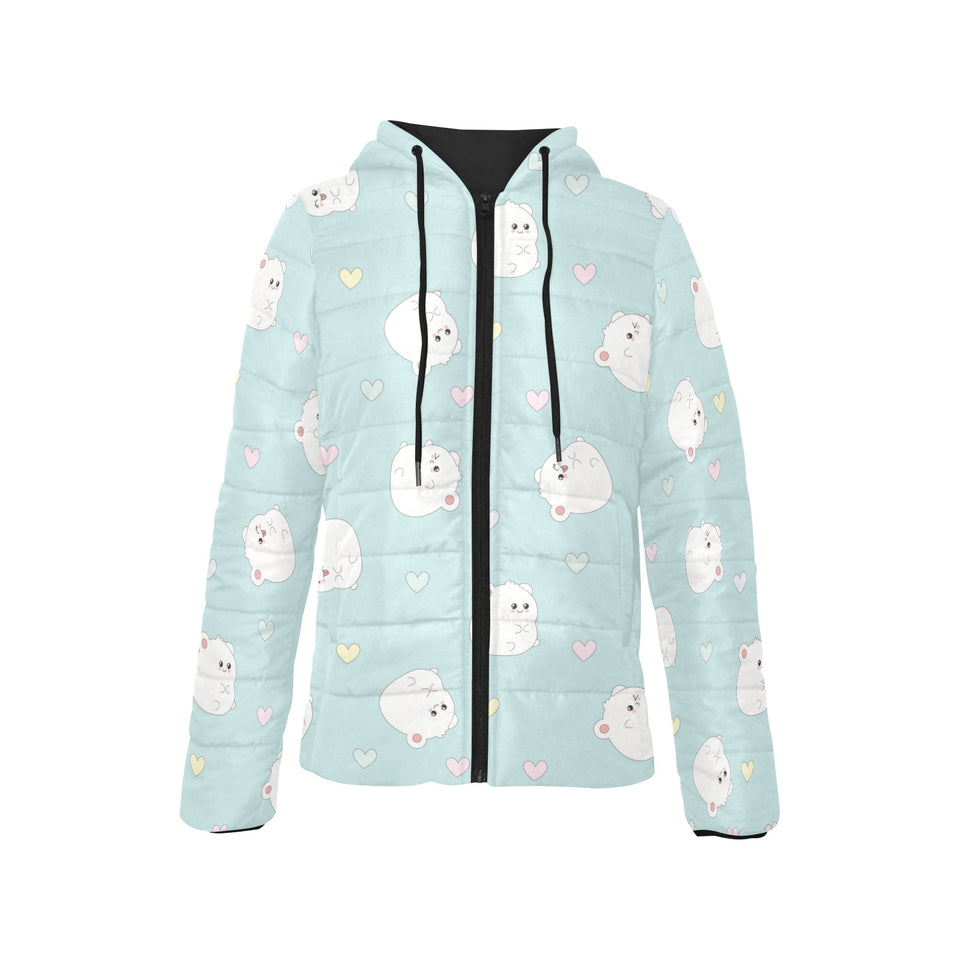 White cute hamsters heart pattern Women's Padded Hooded Jacket