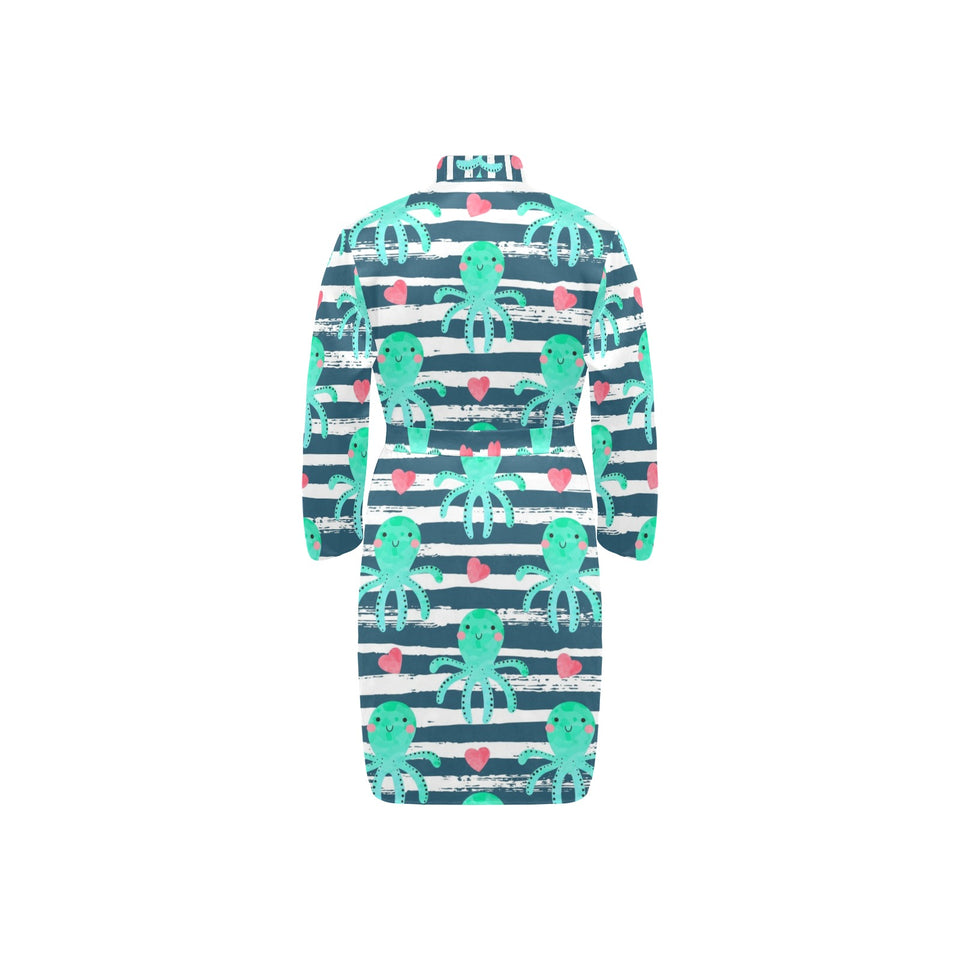 Cute octopuses heart striped background Men's Long Sleeve Belted Night Robe