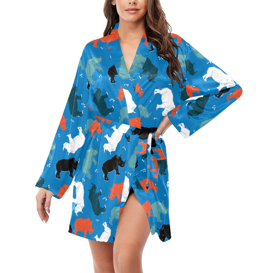 Colorful rhino pattern Women's Long Sleeve Belted Night Robe
