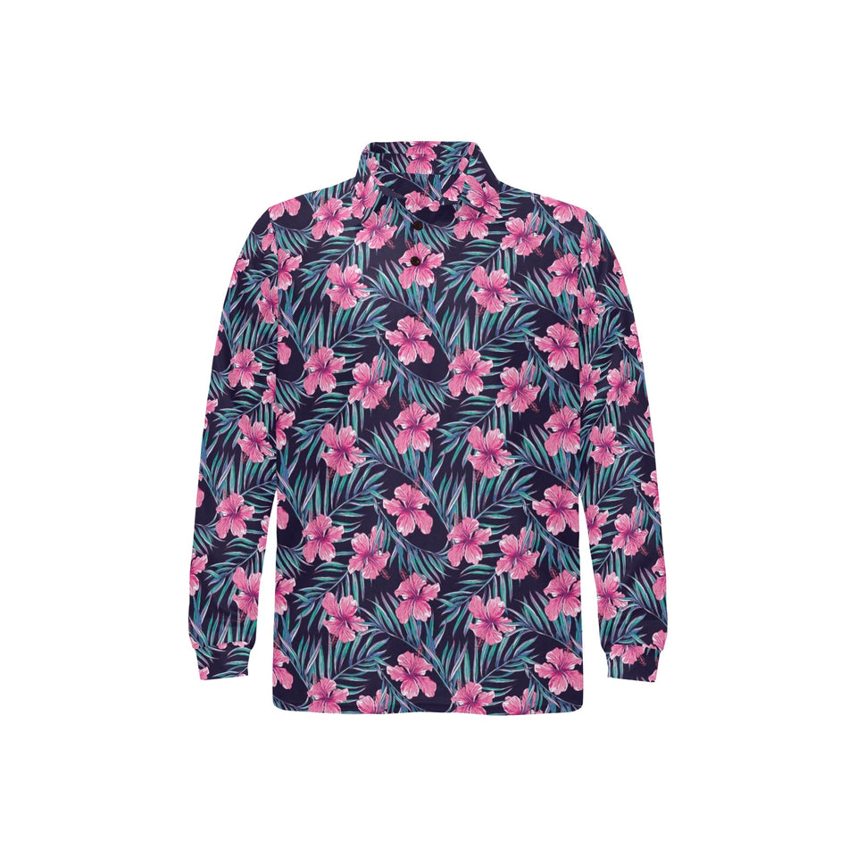 Hibiscus Pattern Print Design 05 Men's Long Sleeve Polo Shirt
