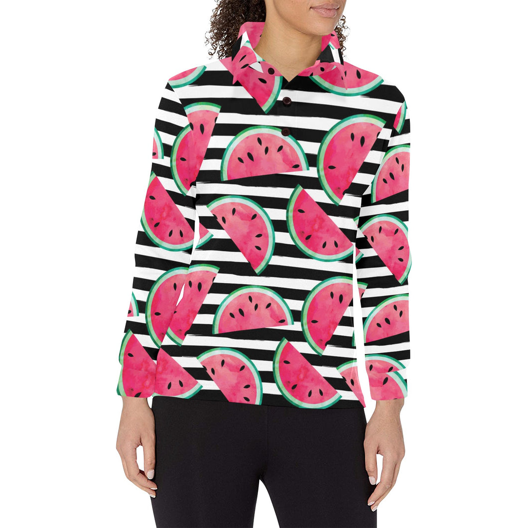 Watercolor paint textured watermelon pieces Women's Long Sleeve Polo Shirt