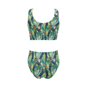 Colorful parrot exotic flower leaves Chest Bowknot High Waisted Bikini Swimsuit