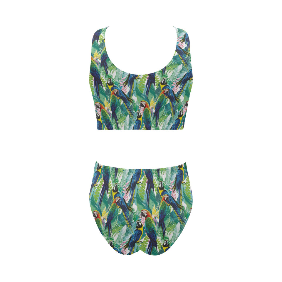 Colorful parrot exotic flower leaves Chest Bowknot High Waisted Bikini Swimsuit