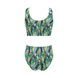 Colorful parrot exotic flower leaves Chest Bowknot High Waisted Bikini Swimsuit
