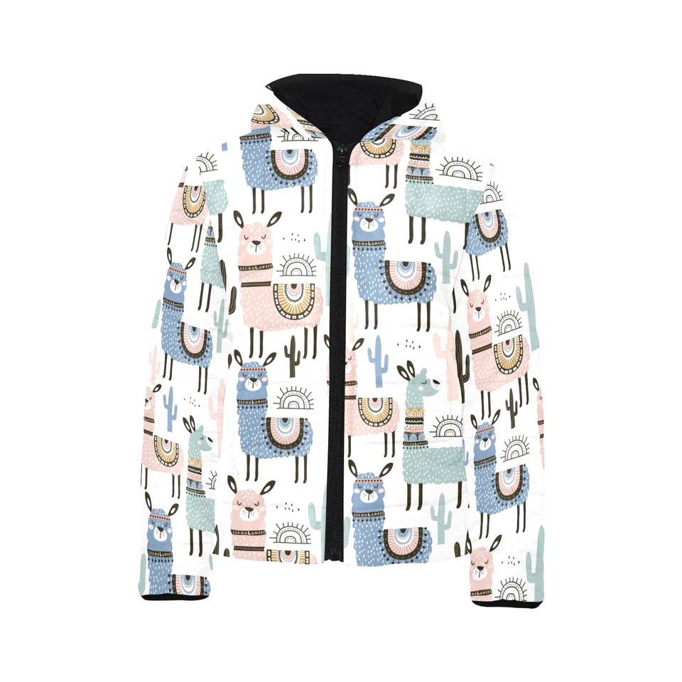 lama Alpaca cactus hand drawn pattern Kids' Boys' Girls' Padded Hooded Jacket