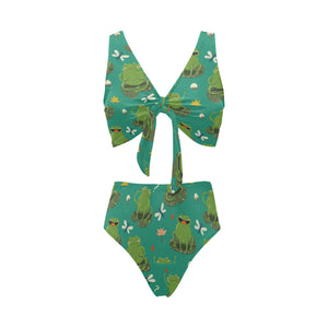 Cute frog dragonfly design pattern Chest Bowknot High Waisted Bikini Swimsuit