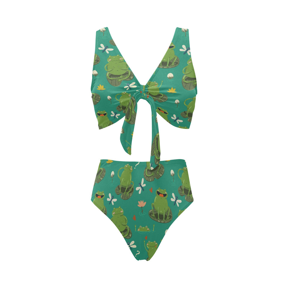 Cute frog dragonfly design pattern Chest Bowknot High Waisted Bikini Swimsuit