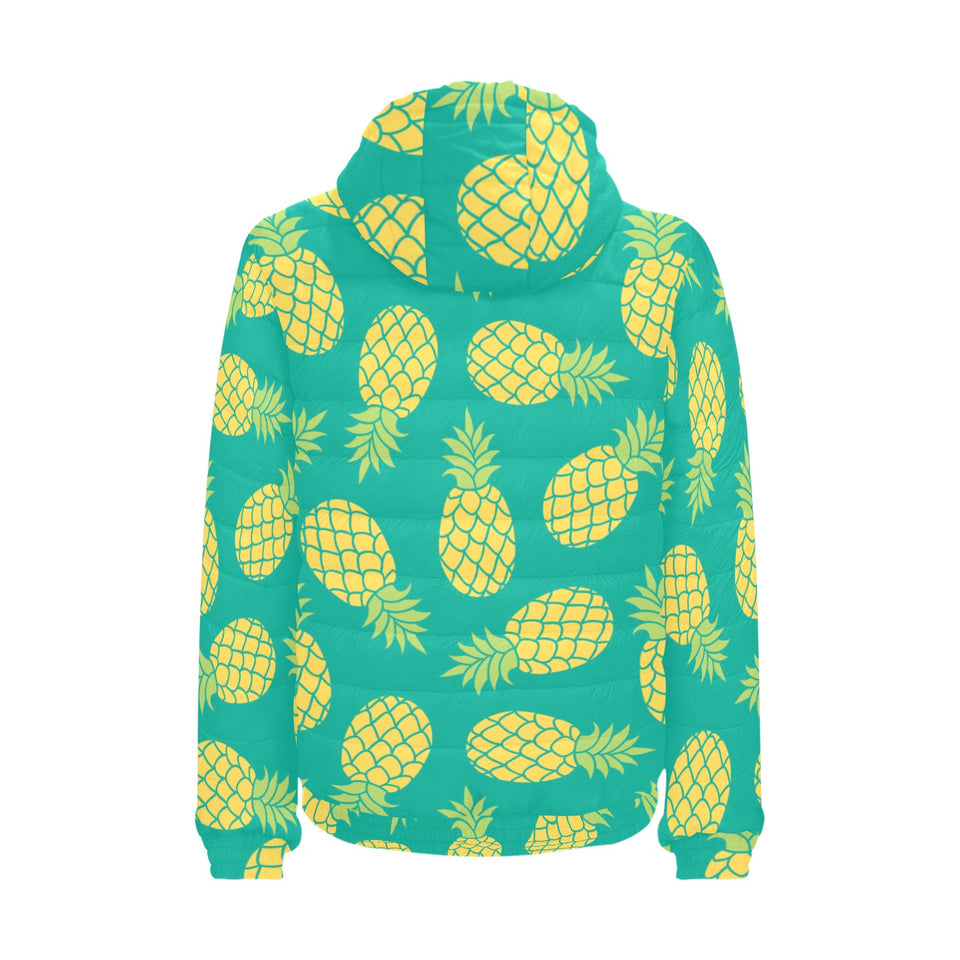 Pineapples pattern green background Men's Padded Hooded Jacket