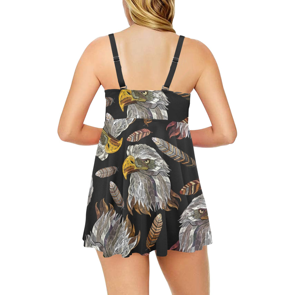 Eagle Pattern Print Design 05 Chest Sexy Pleated Two Piece Swim Dress