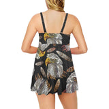 Eagle Pattern Print Design 05 Chest Sexy Pleated Two Piece Swim Dress
