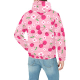 cherry flower pattern pink background Men's Padded Hooded Jacket