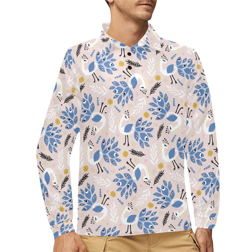Cute peacock pattern Men's Long Sleeve Polo Shirt
