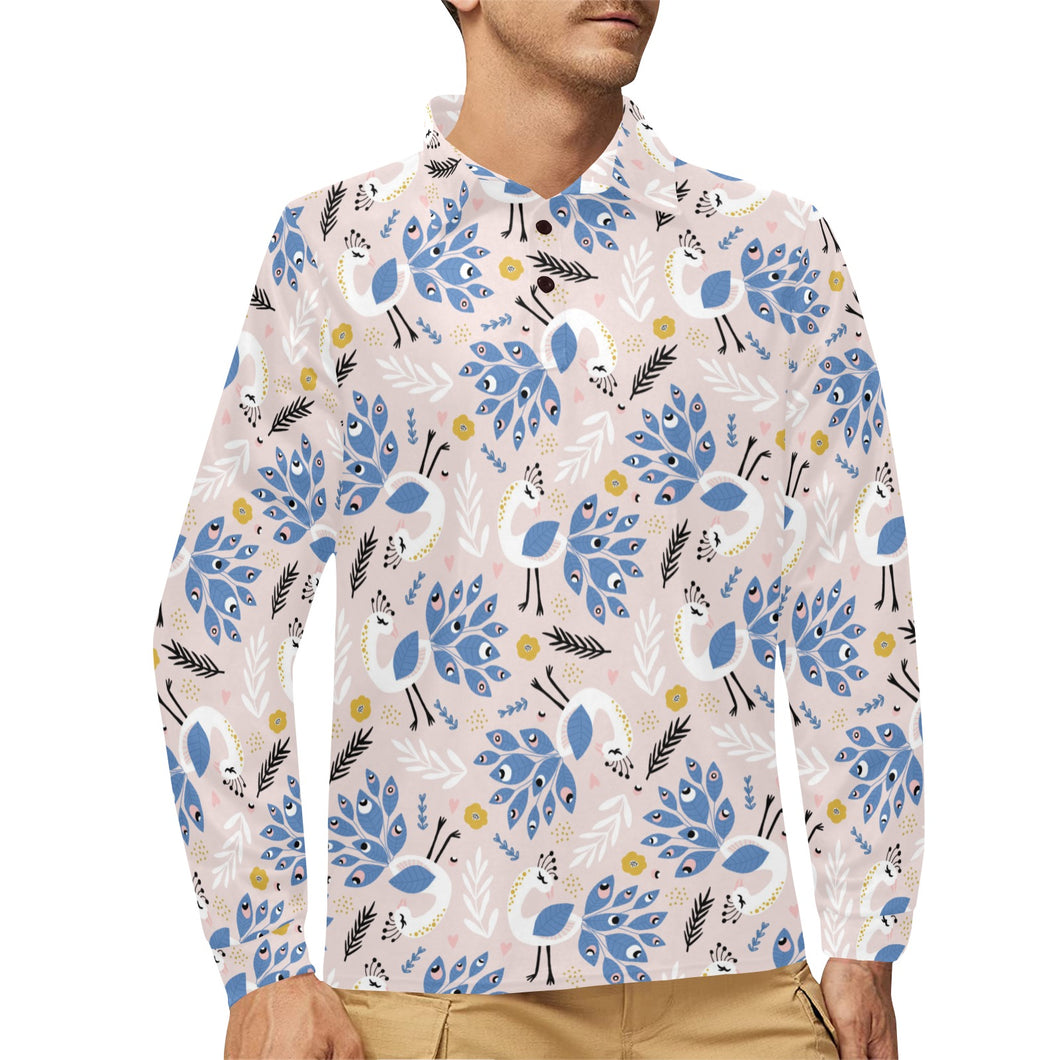 Cute peacock pattern Men's Long Sleeve Polo Shirt