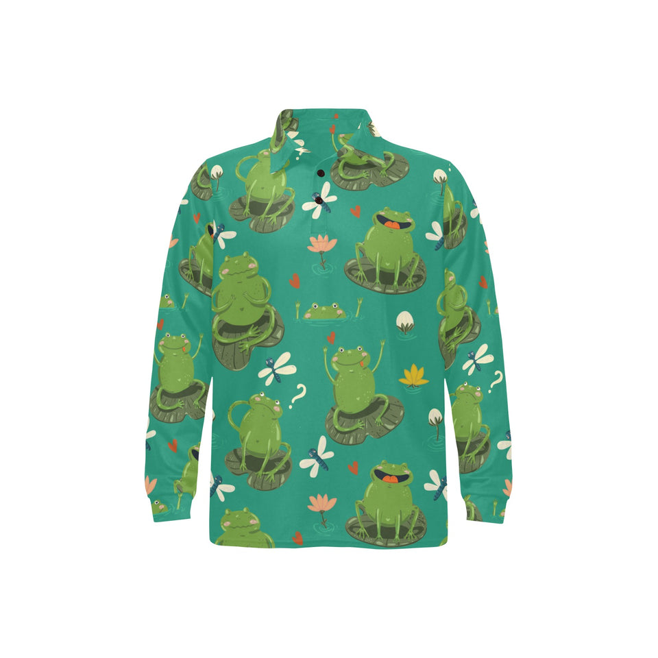 Cute frog dragonfly design pattern Men's Long Sleeve Polo Shirt