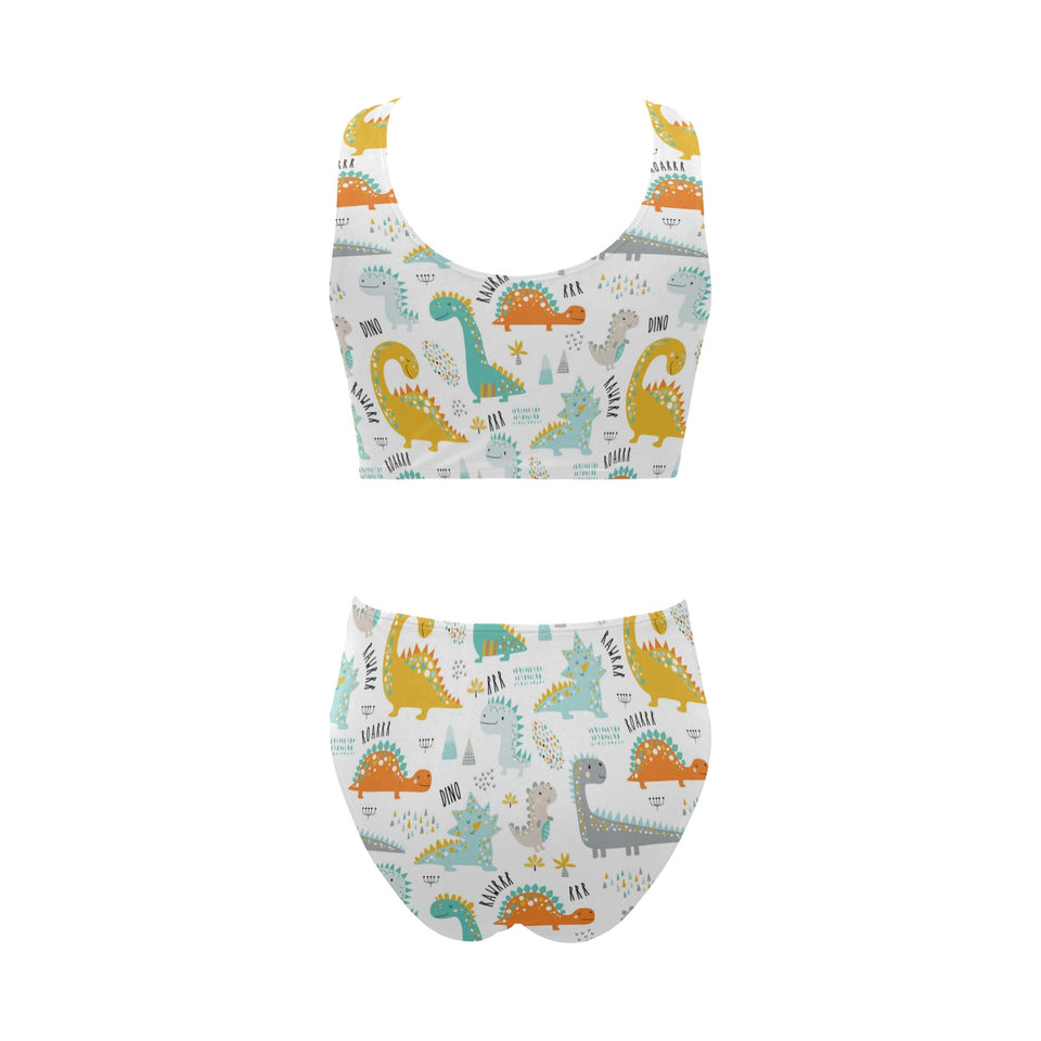 Cute funny kids dinosaurs pattern Chest Bowknot High Waisted Bikini Swimsuit