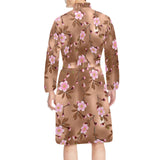 Pink sakura cherry blossom drak brown background Men's Long Sleeve Belted Night Robe