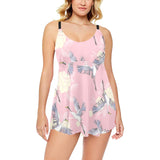 Japanese crane rose pattern Chest Sexy Pleated Two Piece Swim Dress