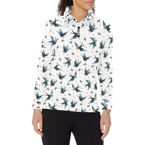 Swallow Pattern Print Design 04 Women's Long Sleeve Polo Shirt