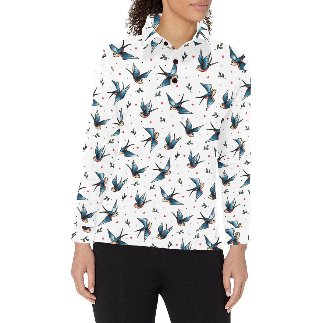 Swallow Pattern Print Design 04 Women's Long Sleeve Polo Shirt