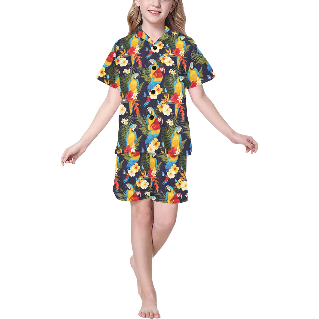 Colorful parrot flower pattern Kids' Boys' Girls' V-Neck Short Pajama Set