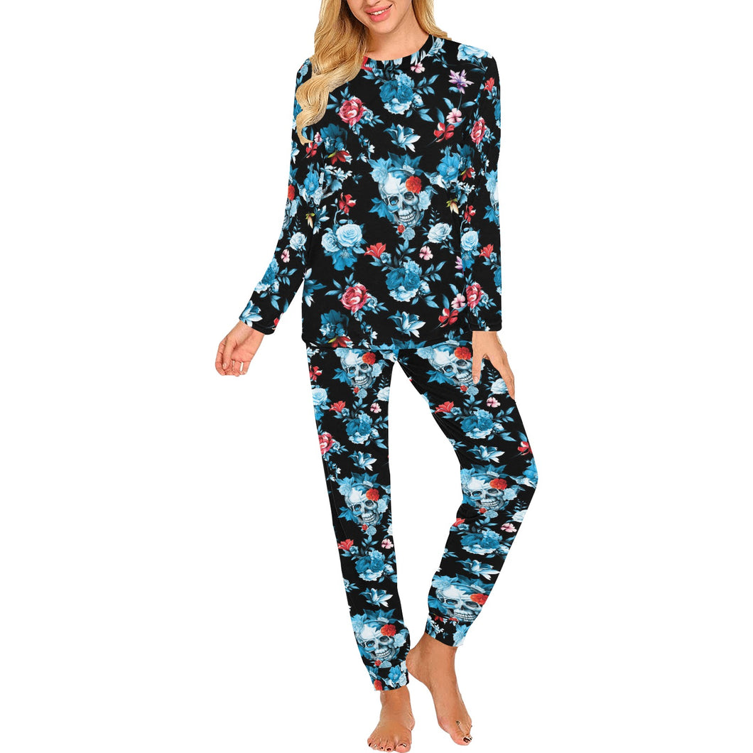 Skull flower roses leave pattern Women's All Over Print Pajama Set