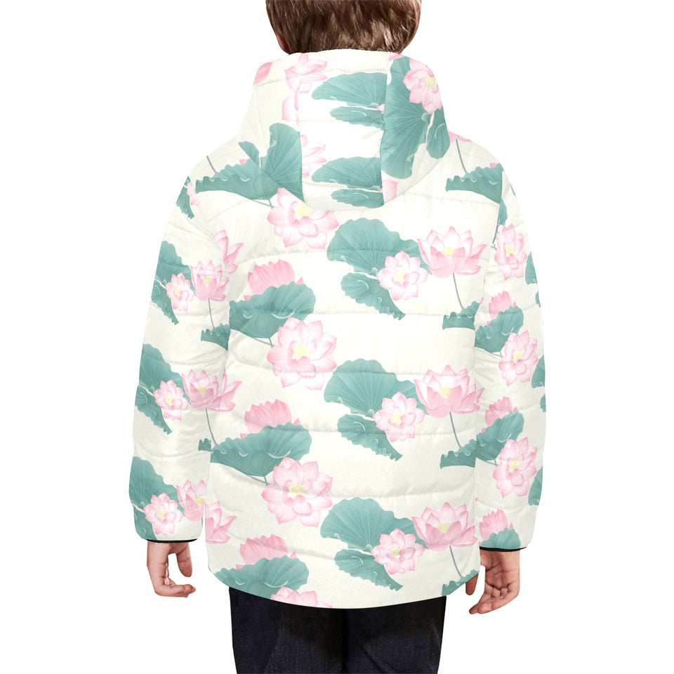 Pink lotus waterlily leaves pattern Kids' Boys' Girls' Padded Hooded Jacket