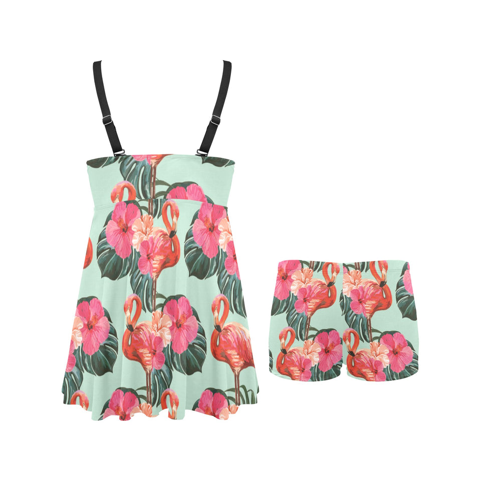 Beautiful flamingo tropical palm leaves hibiscus p Chest Sexy Pleated Two Piece Swim Dress