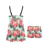 Beautiful flamingo tropical palm leaves hibiscus p Chest Sexy Pleated Two Piece Swim Dress