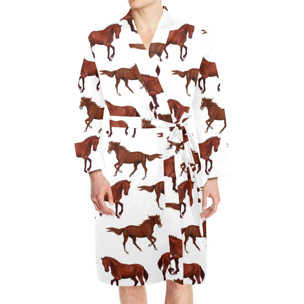 Horses running pattern background Men's Long Sleeve Belted Night Robe