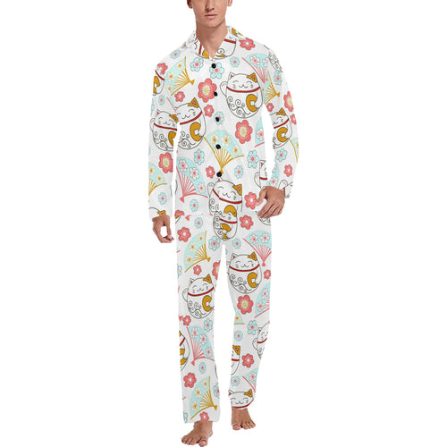 Maneki neko cat fan sakura Men's Long Pajama Set