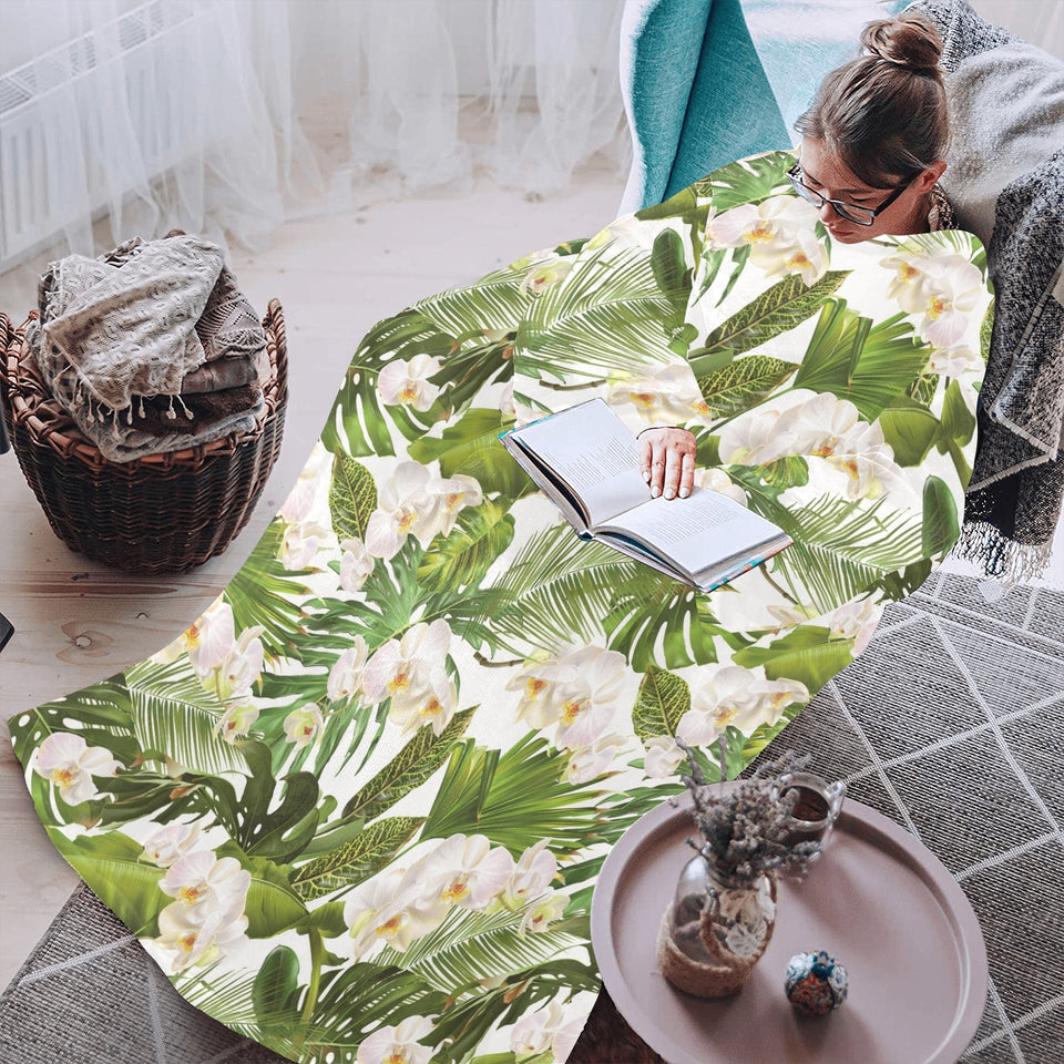 White orchid flower tropical leaves pattern Blanket Robe with Sleeves