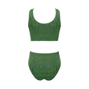 Crocodile Skin Printed Chest Bowknot High Waisted Bikini Swimsuit