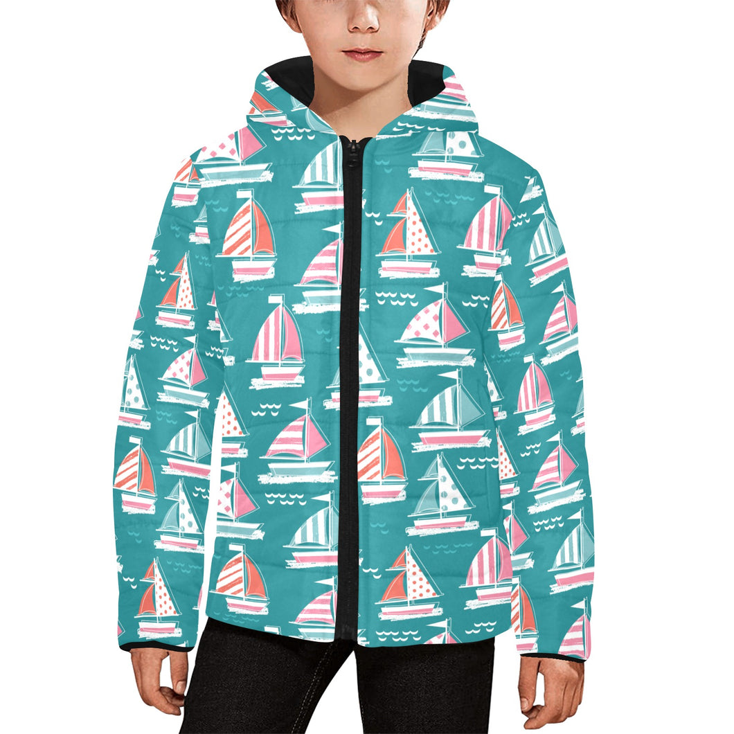 Cute sailboat pattern Kids' Boys' Girls' Padded Hooded Jacket