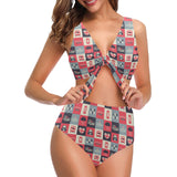 British Pattern Print Design 05 Chest Bowknot High Waisted Bikini Swimsuit