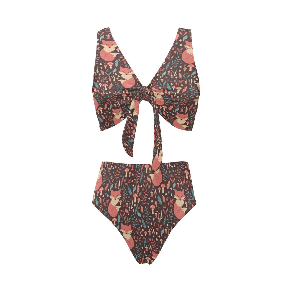 fox leaves mushroom pattern Chest Bowknot High Waisted Bikini Swimsuit
