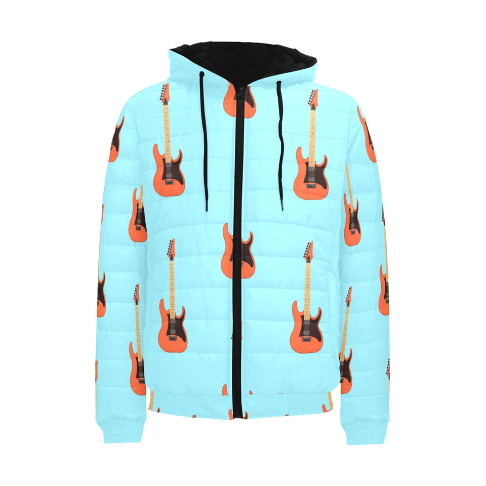 electric guitar pattern light blue background Men's Padded Hooded Jacket