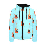electric guitar pattern light blue background Men's Padded Hooded Jacket