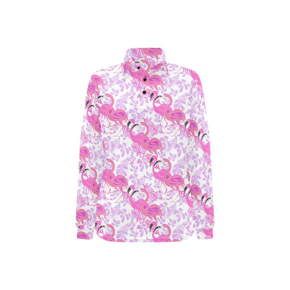 Pink flamingo flower pattern Women's Long Sleeve Polo Shirt