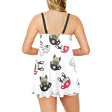 French bulldog cup paw pattern Chest Sexy Pleated Two Piece Swim Dress