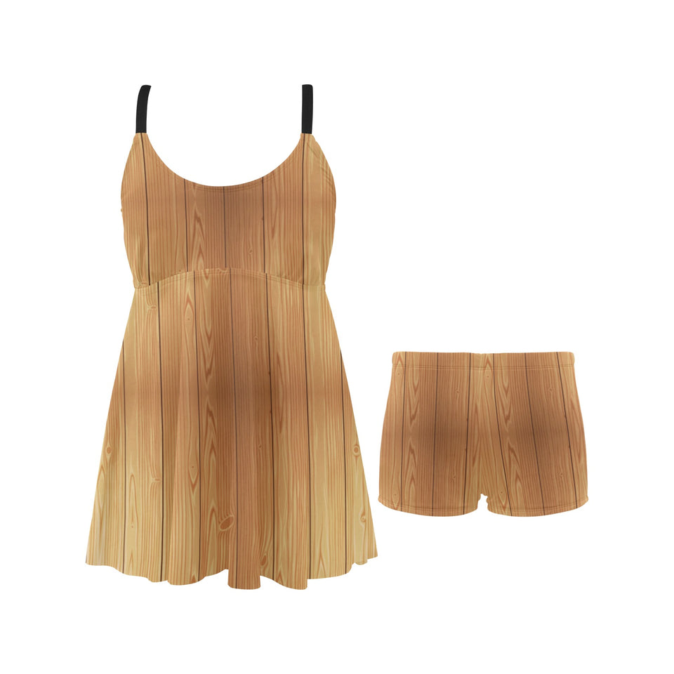 Wood Printed Pattern Print Design 05 Chest Sexy Pleated Two Piece Swim Dress