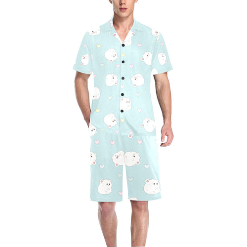 White cute hamsters heart pattern Men's V-Neck Short Pajama Set
