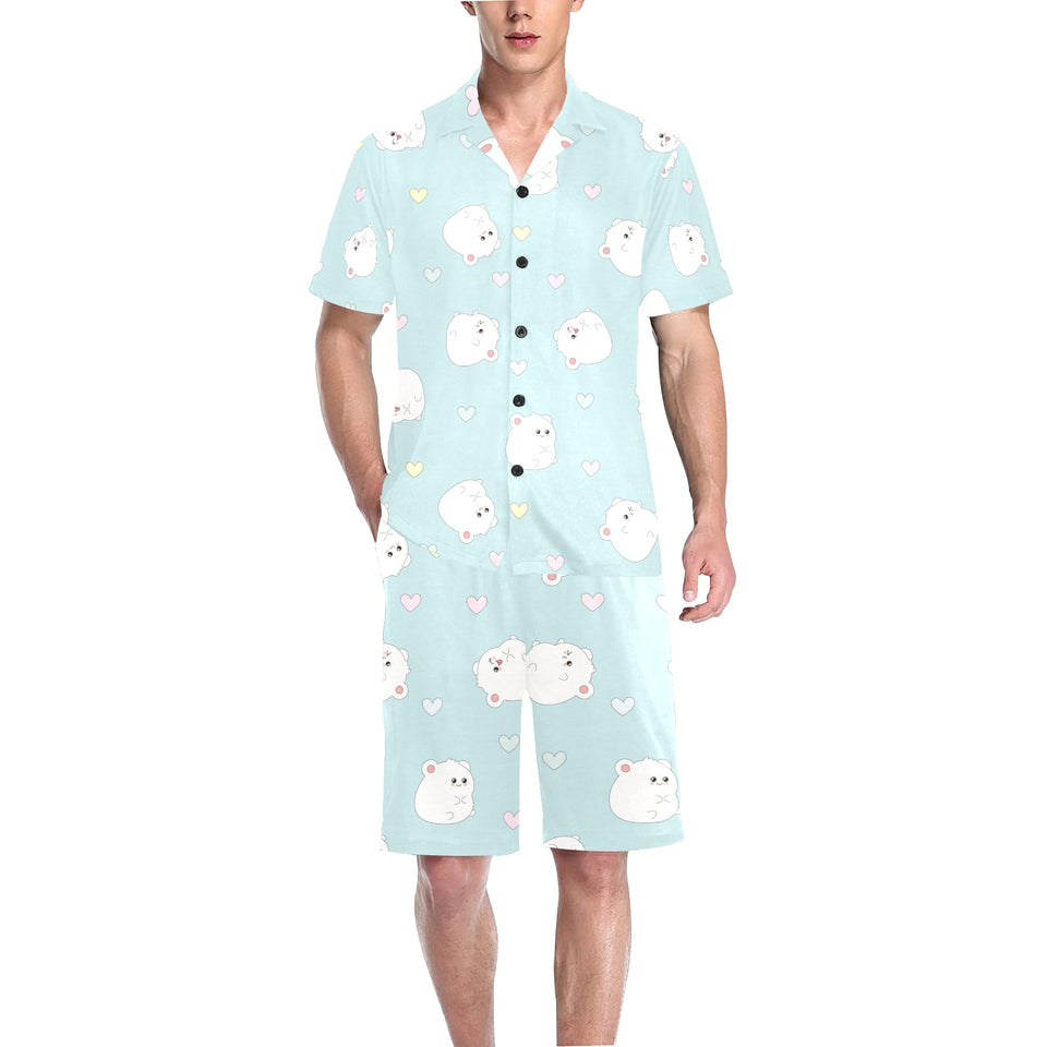 White cute hamsters heart pattern Men's V-Neck Short Pajama Set